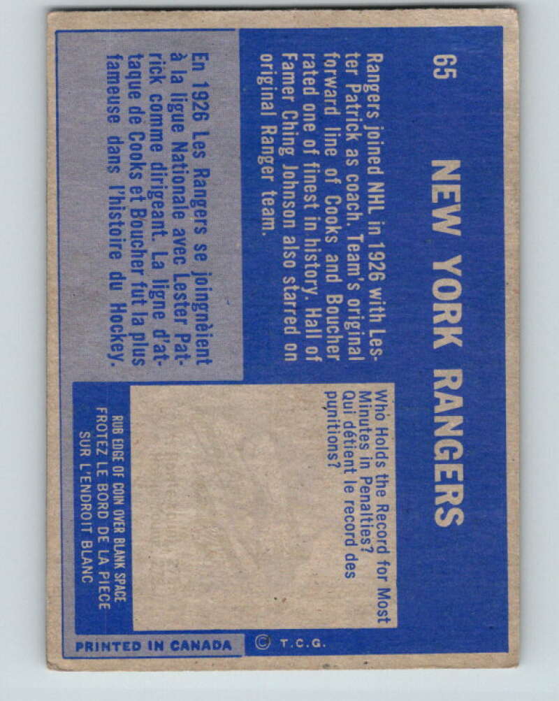 1963-64 Topps #65 Rangers Team New York Rangers V466