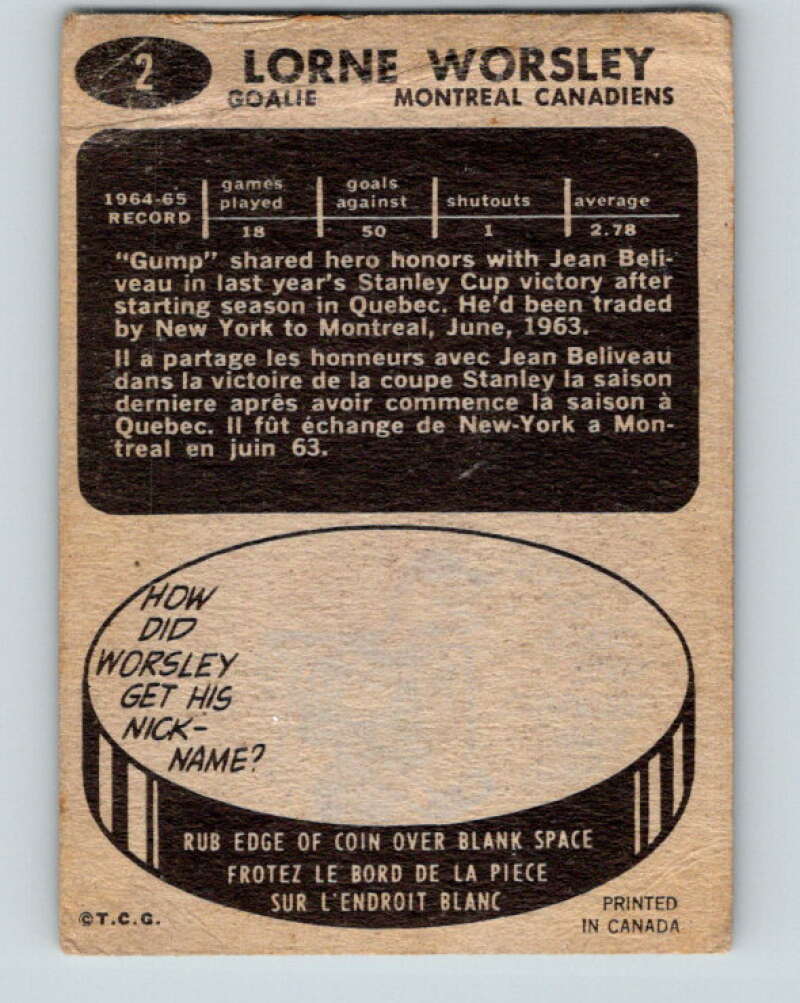 1965-66 Topps #2 Gump Worsley Montreal Canadiens V468
