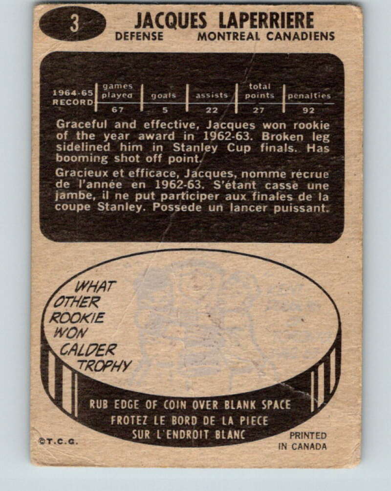 1965-66 Topps #3 Jacques Laperriere Montreal Canadiens V469