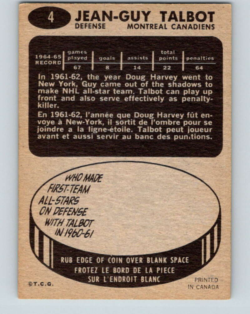 1965-66 Topps #4 Jean-Guy Talbot Montreal Canadiens V470