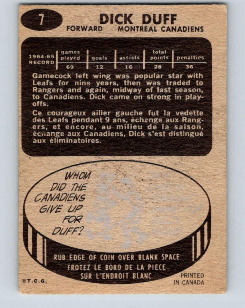1965-66 Topps #7 Dick Duff Montreal Canadiens V473