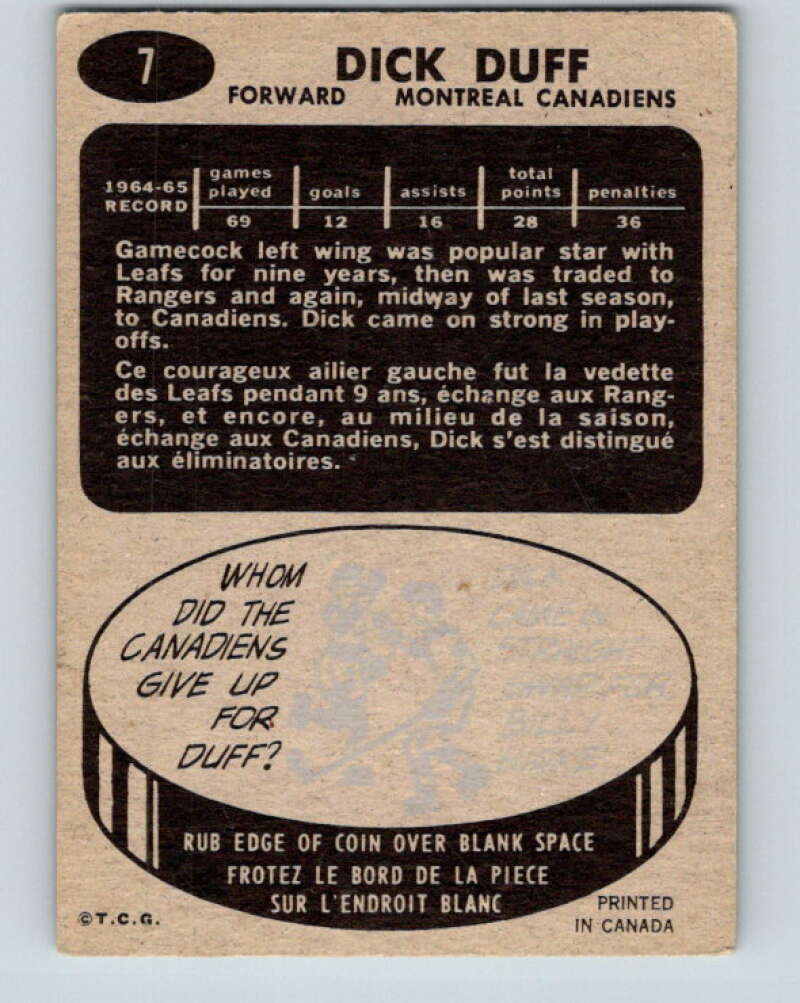 1965-66 Topps #7 Dick Duff Montreal Canadiens V474