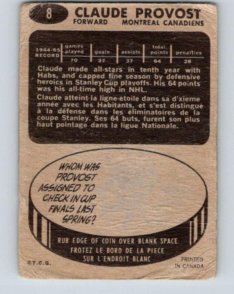 1965-66 Topps #8 Claude Provost Montreal Canadiens V475