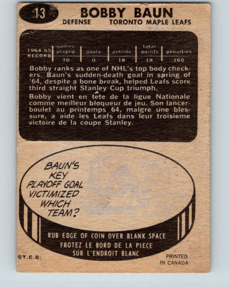 1965-66 Topps #13 Bob Baun Toronto Maple Leafs V480