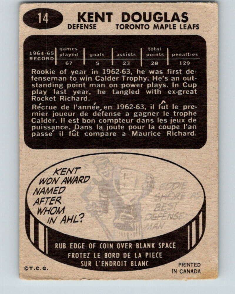 1965-66 Topps #14 Kent Douglas Toronto Maple Leafs V481