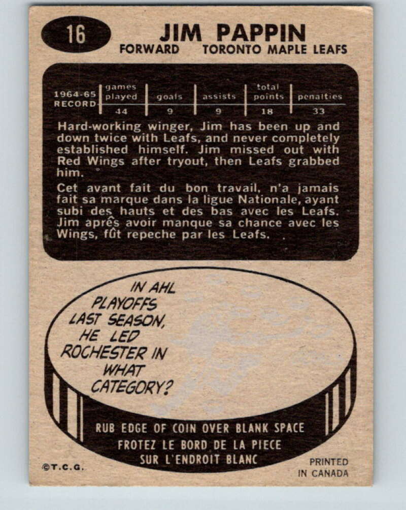 1965-66 Topps #16 Jim Pappin Toronto Maple Leafs V483
