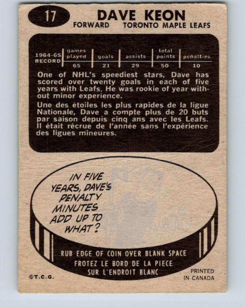 1965-66 Topps #17 Dave Keon Toronto Maple Leafs V484