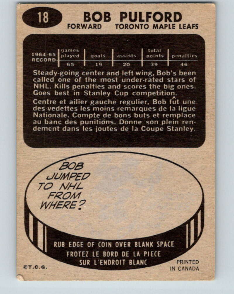 1965-66 Topps #18 Bob Pulford Toronto Maple Leafs V486