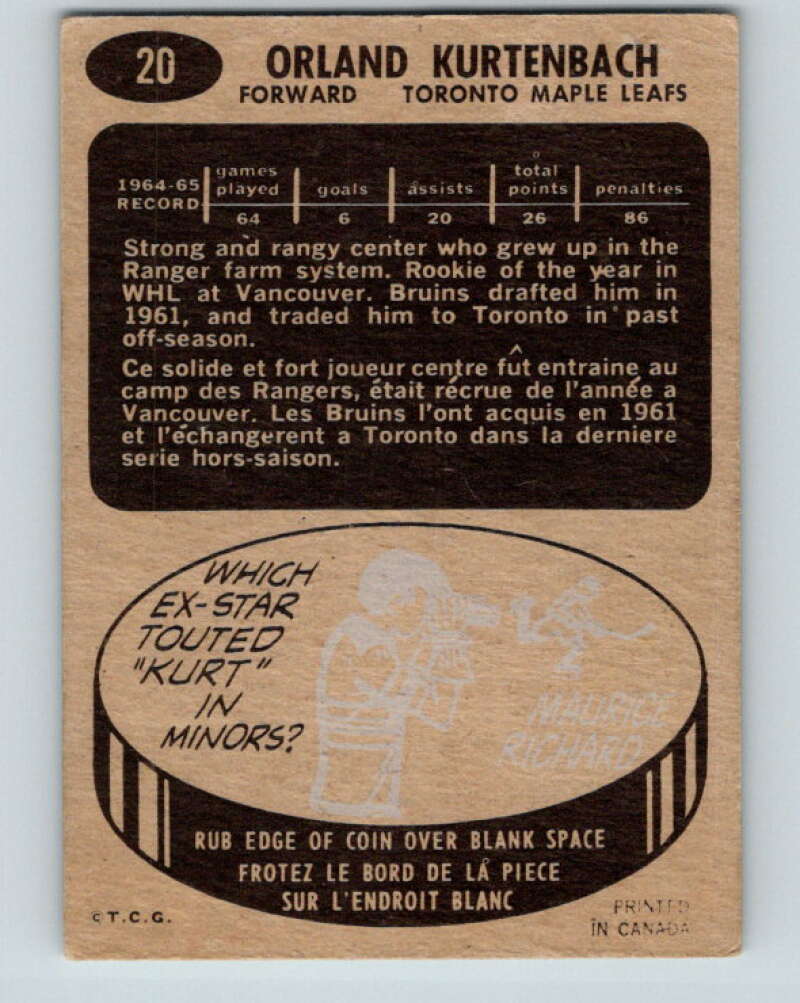 1965-66 Topps #20 Orland Kurtenbach Toronto Maple Leafs V488