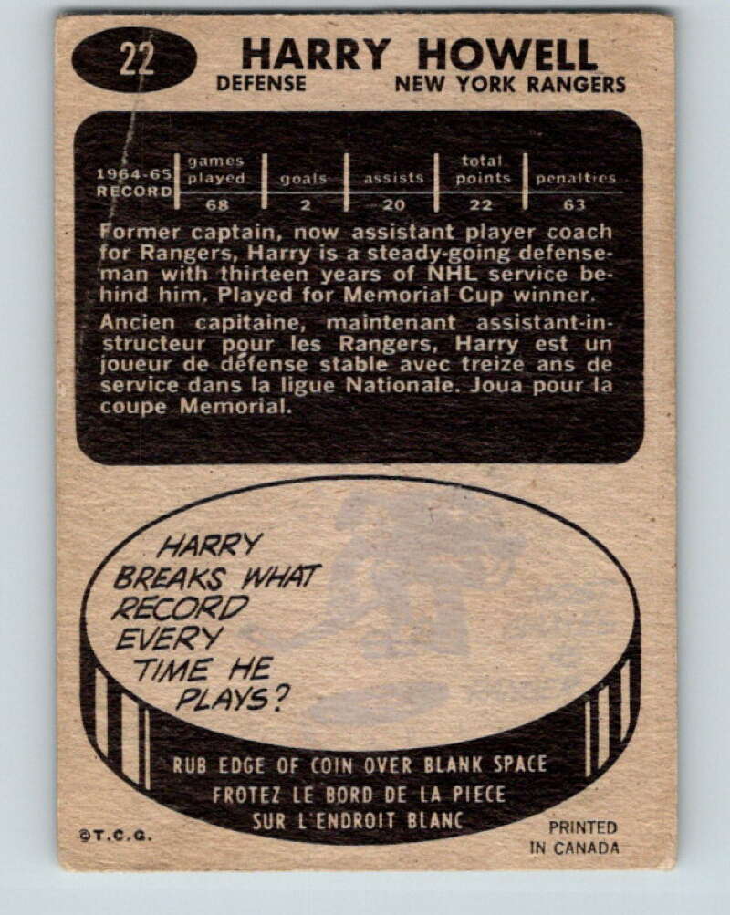 1965-66 Topps #22 Harry Howell New York Rangers V489