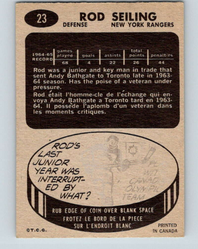 1965-66 Topps #23 Rod Seiling New York Rangers V491