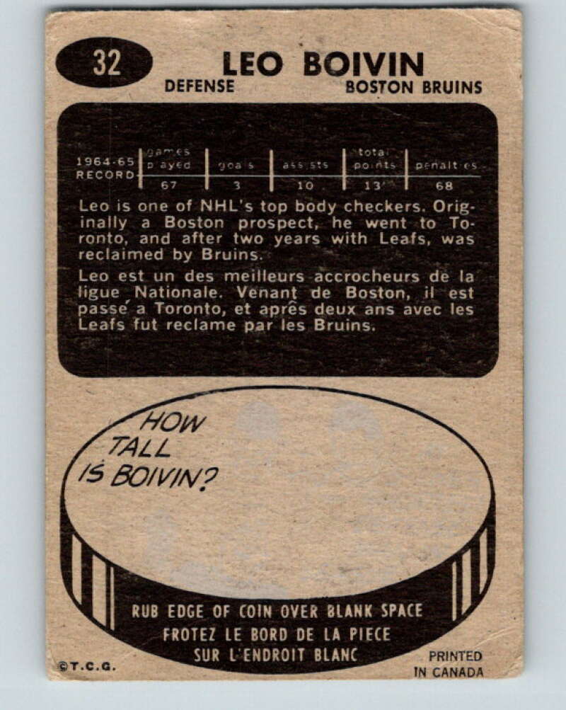 1965-66 Topps #32 Leo Boivin  Boston Bruins  V500
