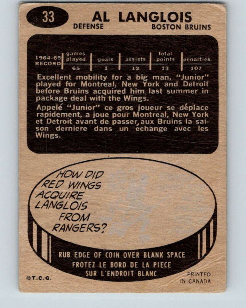 1965-66 Topps #33 Albert Langlois Boston Bruins V501