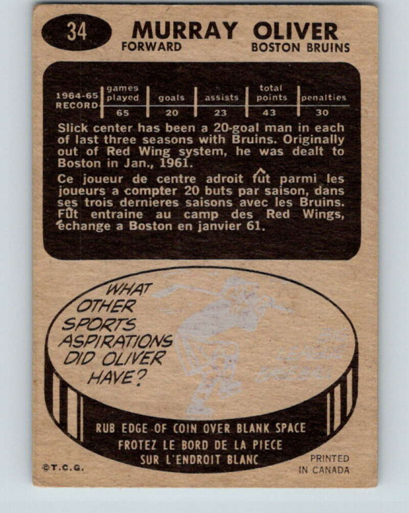 1965-66 Topps #34 Murray Oliver Boston Bruins V503