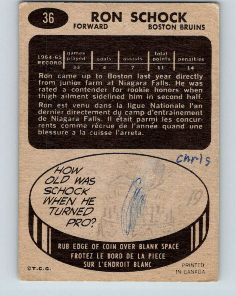 1965-66 Topps #36 Ron Schock RC Rookie Boston Bruins V505