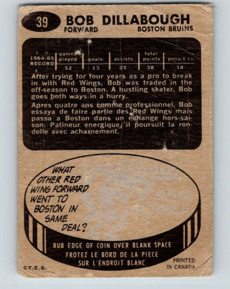 1965-66 Topps #39 Bob Dillabough Boston Bruins V509