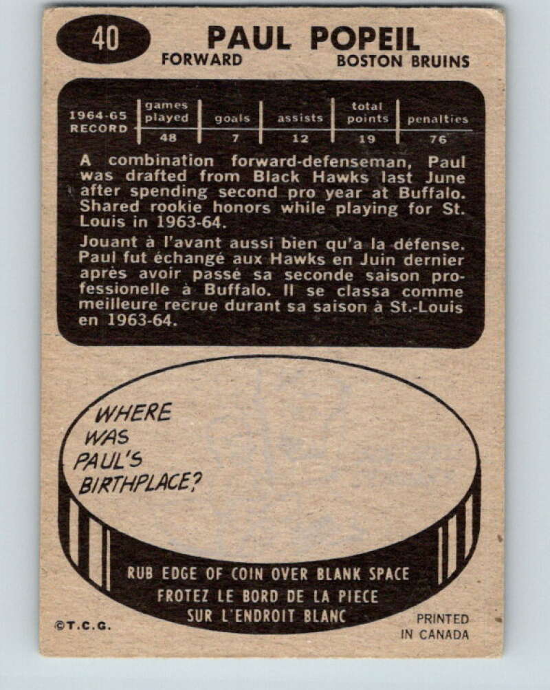 1965-66 Topps #40 Poul Popiel RC Rookie Boston Bruins V510