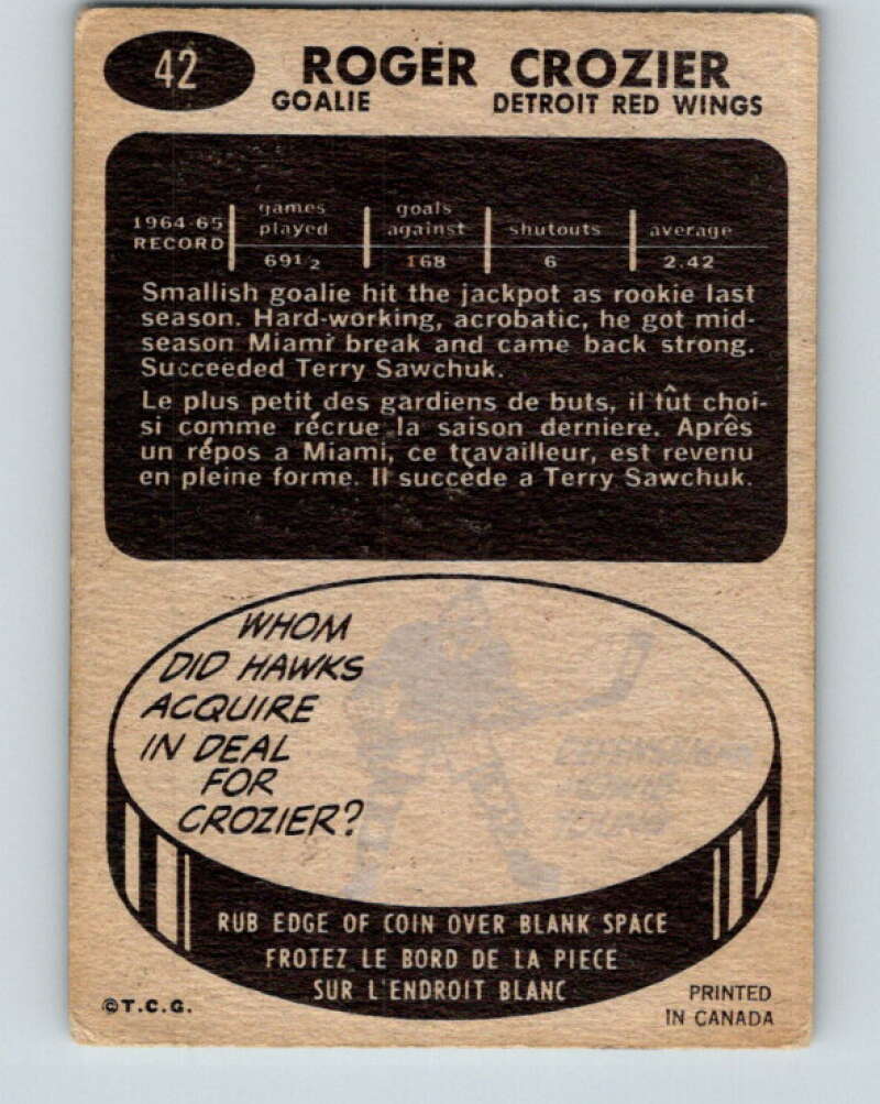 1965-66 Topps #42 Roger Crozier Detroit Red Wings V512