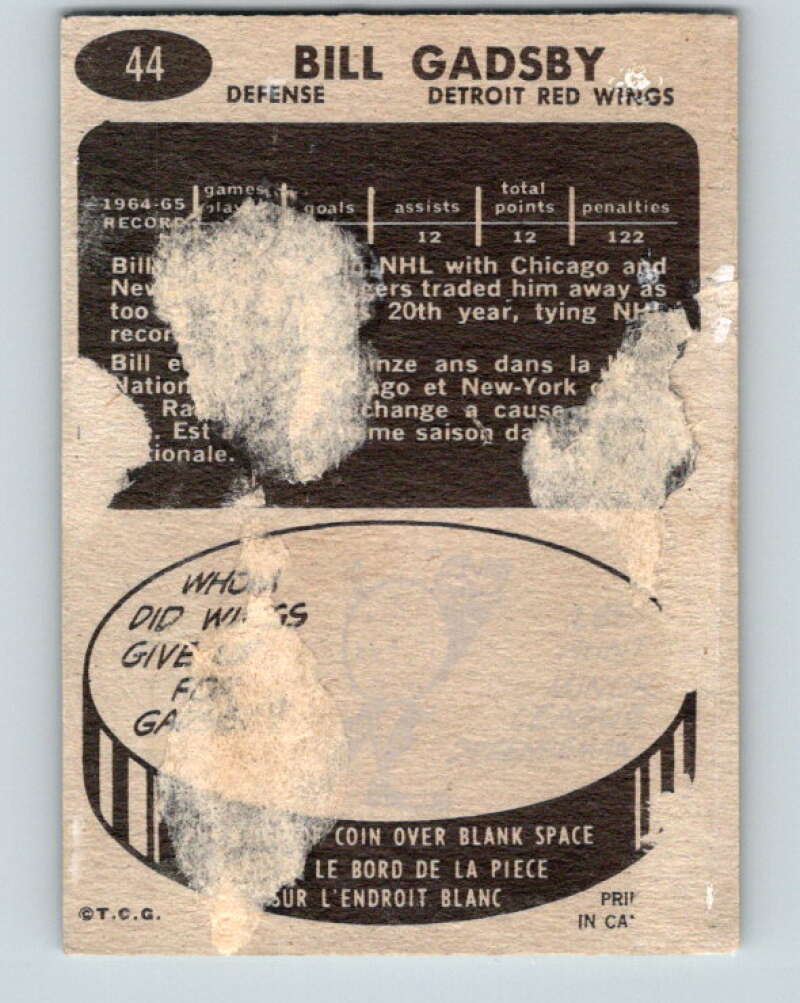 1965-66 Topps #44 Bill Gadsby Detroit Red Wings V516