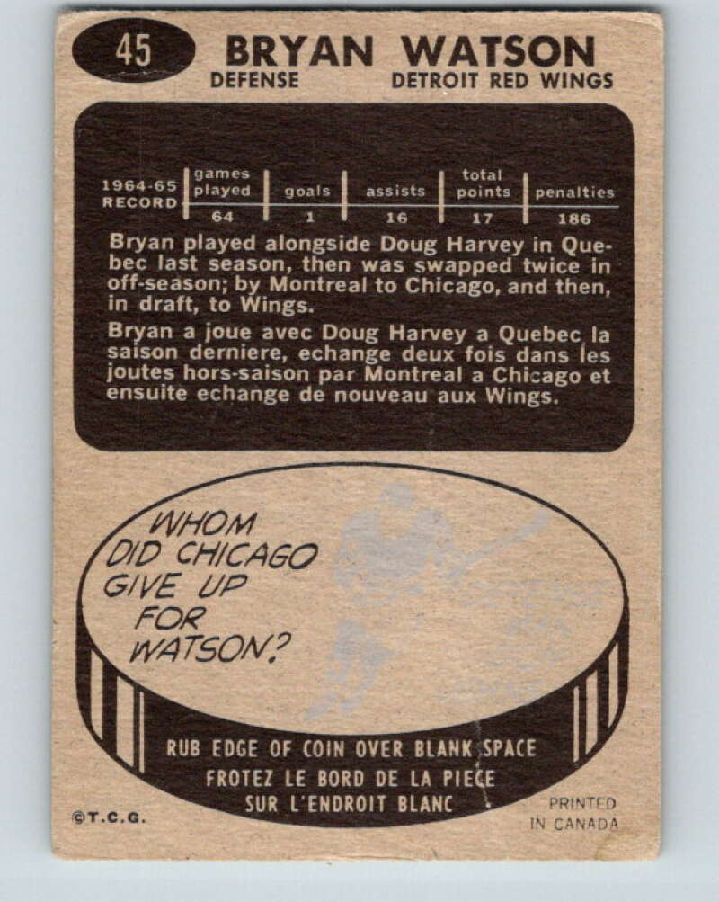 1965-66 Topps #45 Bryan Watson RC Rookie Detroit Red Wings V518