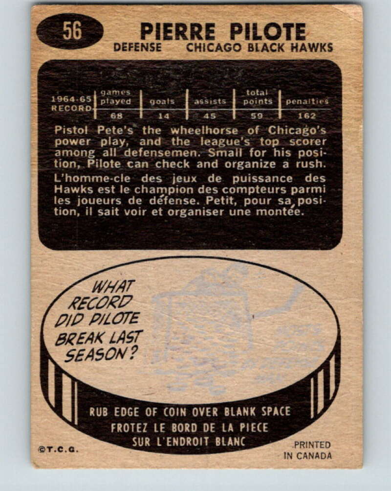 1965-66 Topps #56 Pierre Pilote Chicago Blackhawks V530