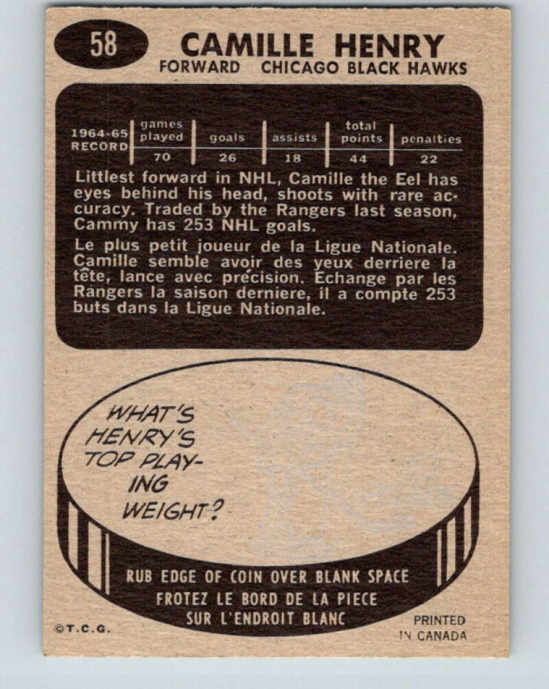 1965-66 Topps #58 Camille Henry Chicago Blackhawks V533