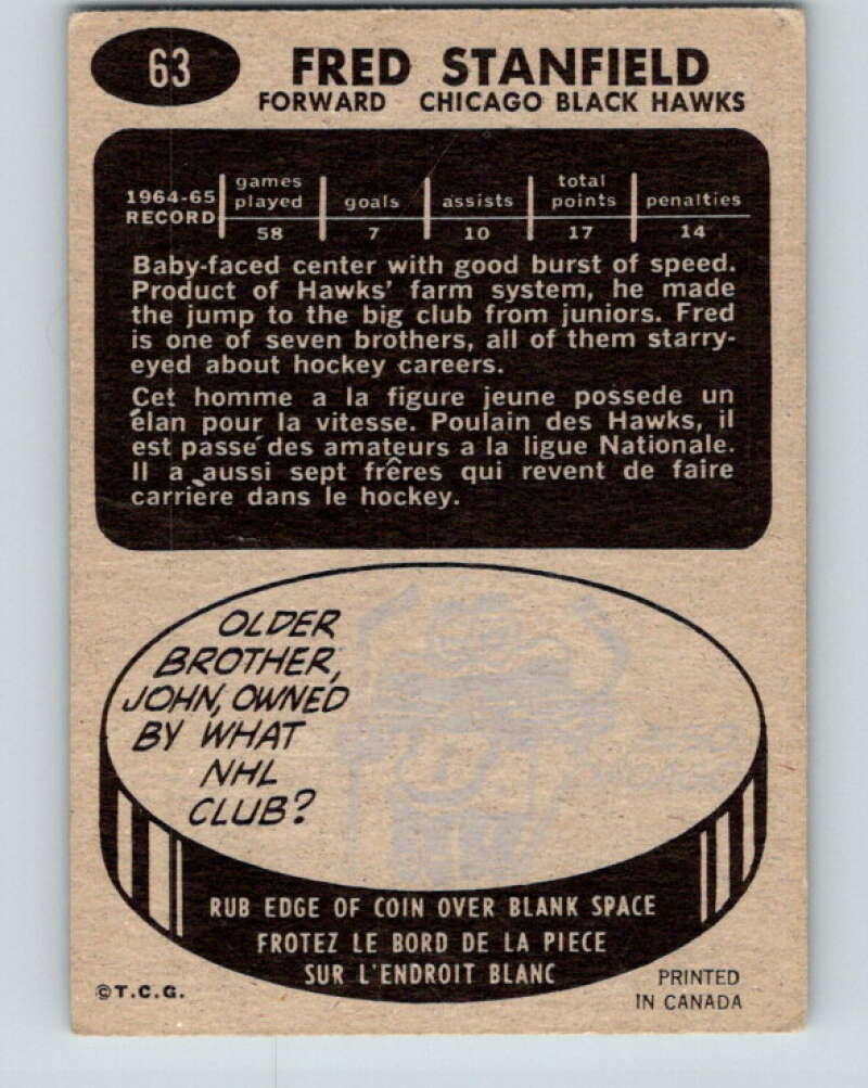 1965-66 Topps #63 Fred Stanfield RC Rookie Chicago Blackhawks V538
