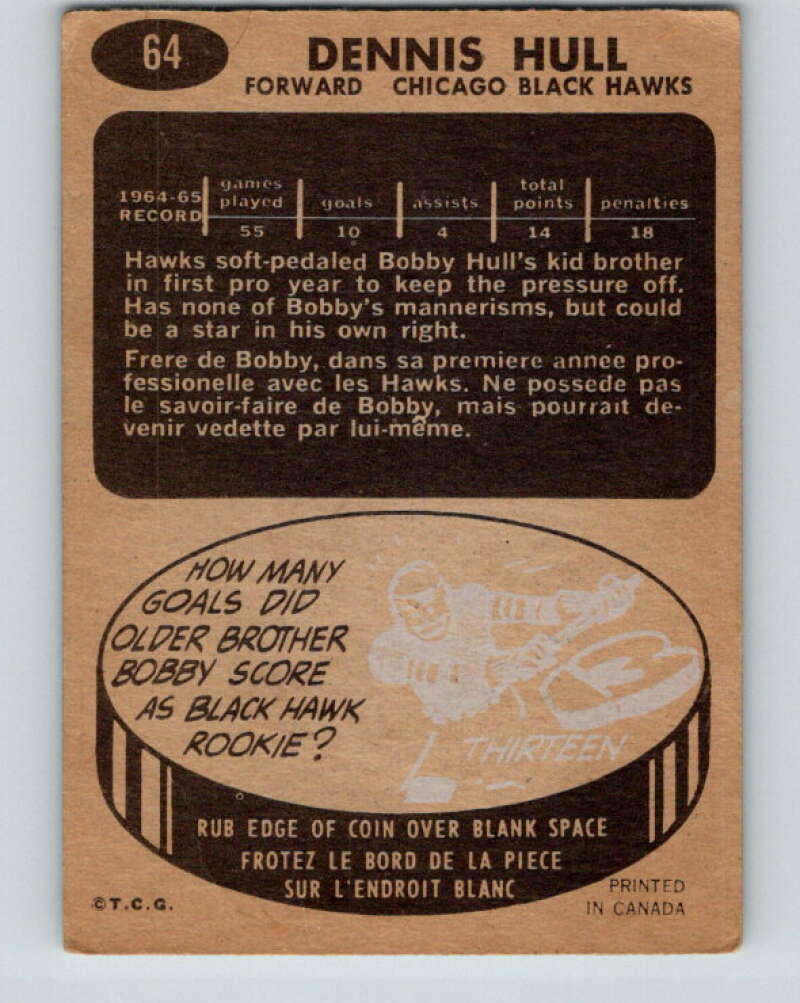 1965-66 Topps #64 Dennis Hull RC Rookie Chicago Blackhawks V539