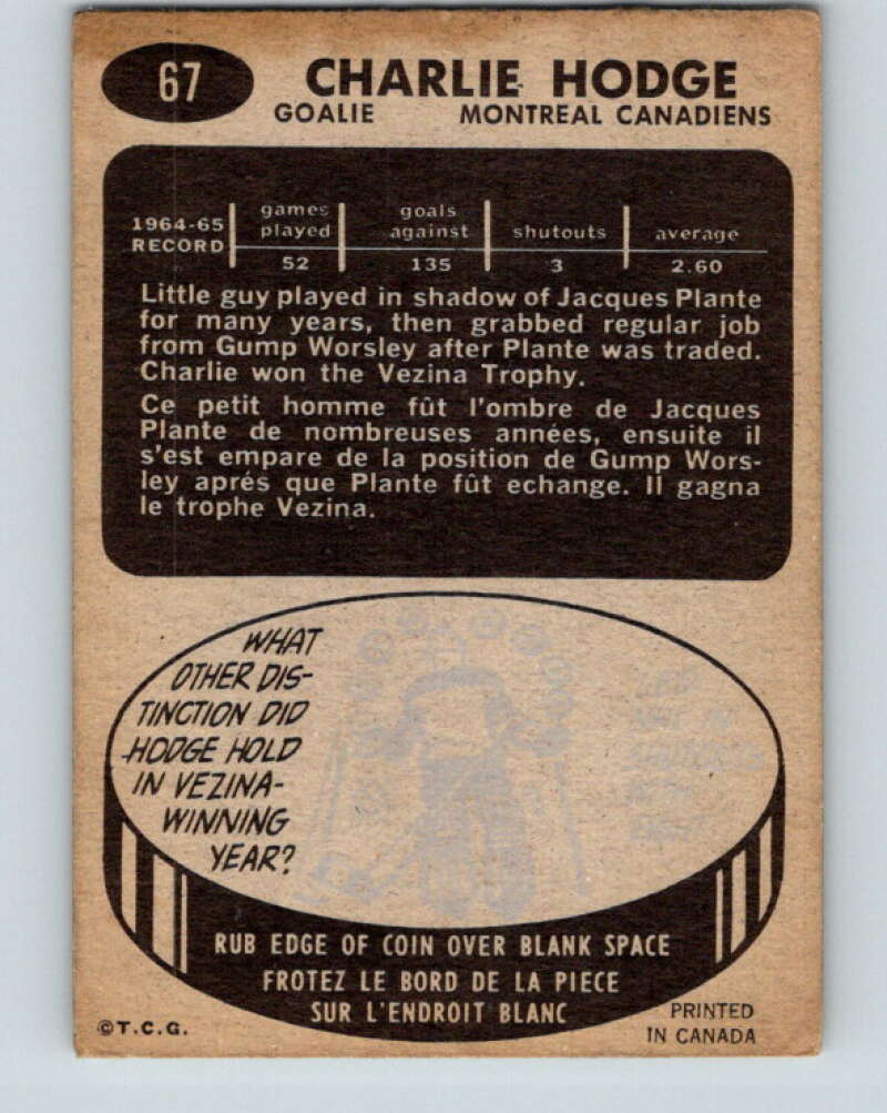 1965-66 Topps #67 Charlie Hodge Montreal Canadiens V542