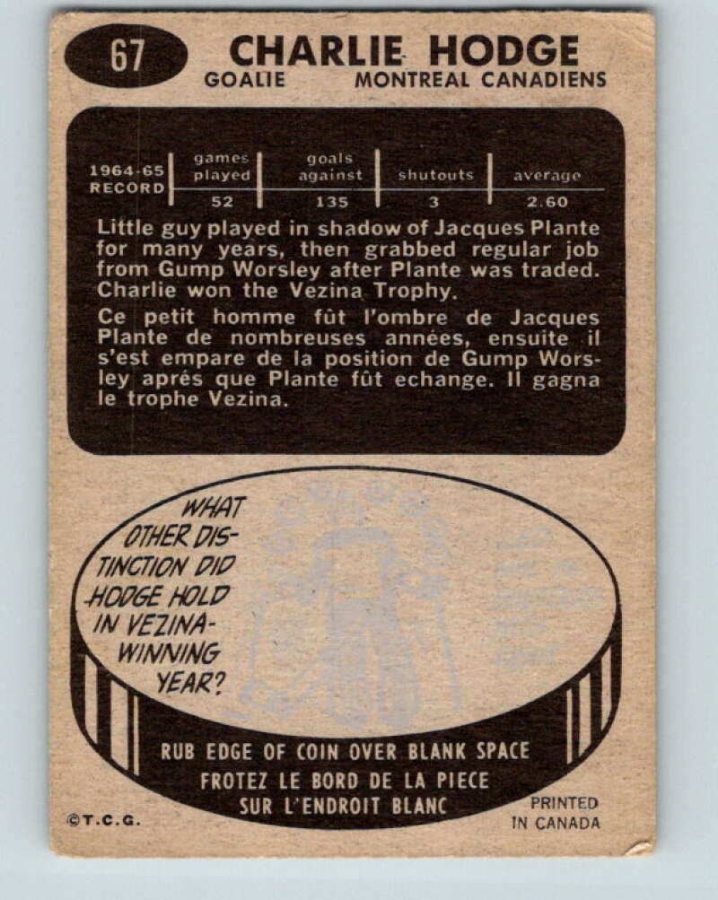 1965-66 Topps #67 Charlie Hodge Montreal Canadiens V543