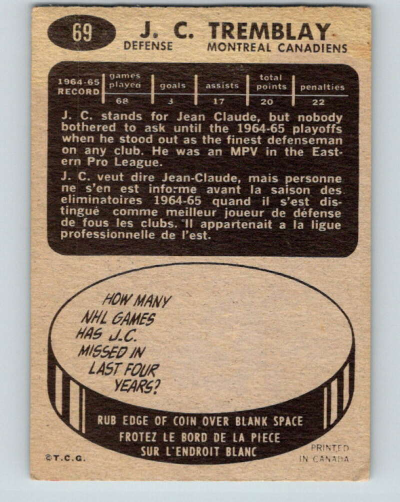 1965-66 Topps #69 J.C. Tremblay Montreal Canadiens V545