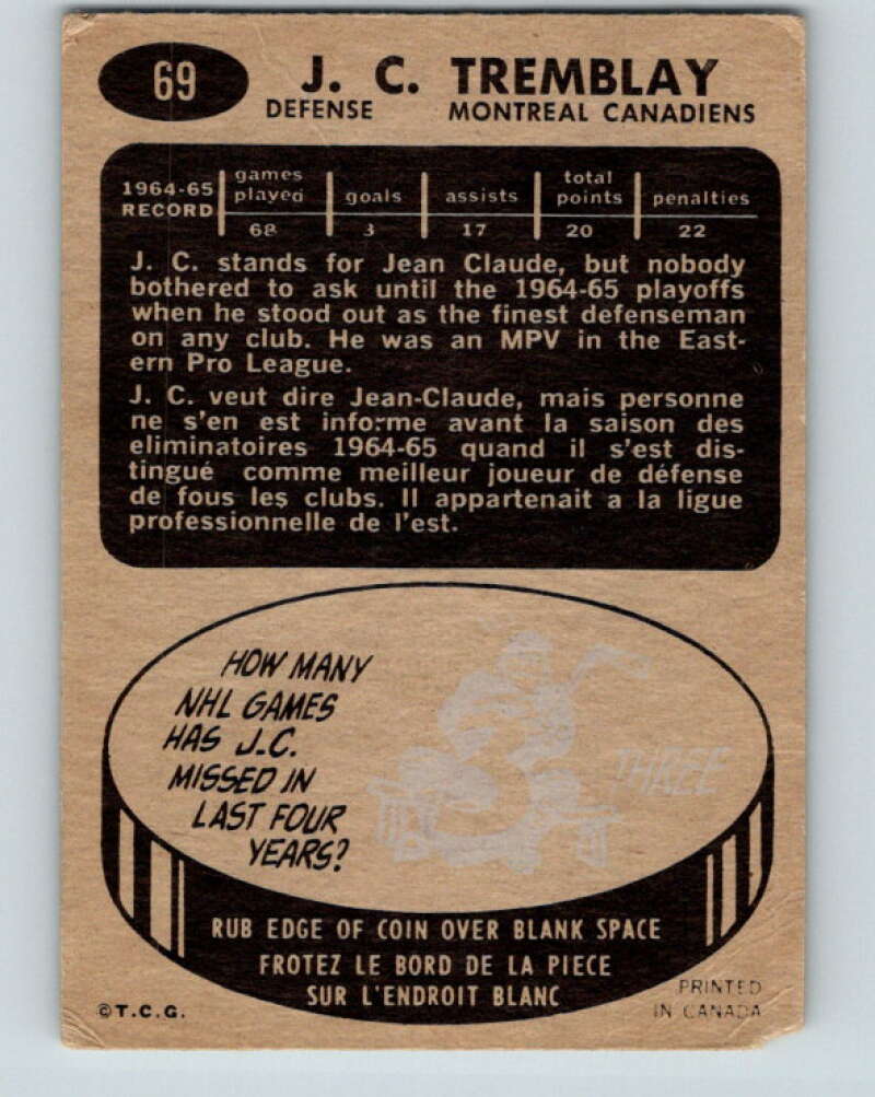 1965-66 Topps #69 J.C. Tremblay Montreal Canadiens V546