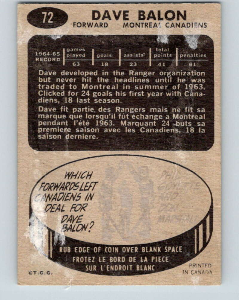 1965-66 Topps #72 Dave Balon Montreal Canadiens V549