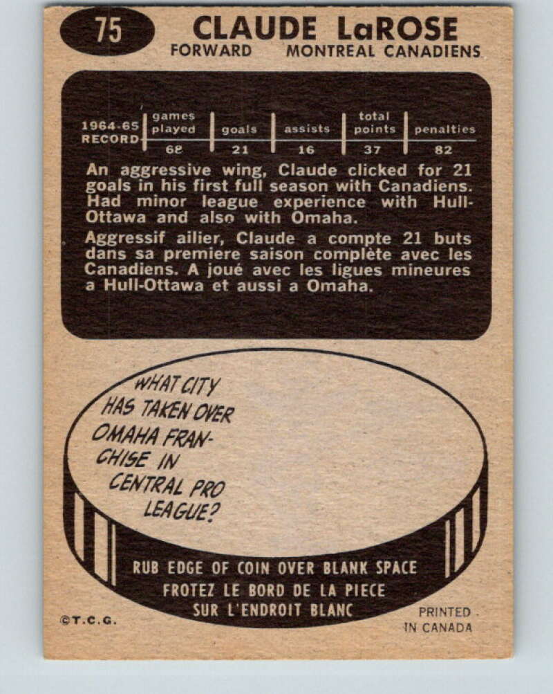1965-66 Topps #75 Claude Larose RC Rookie Montreal Canadiens V554