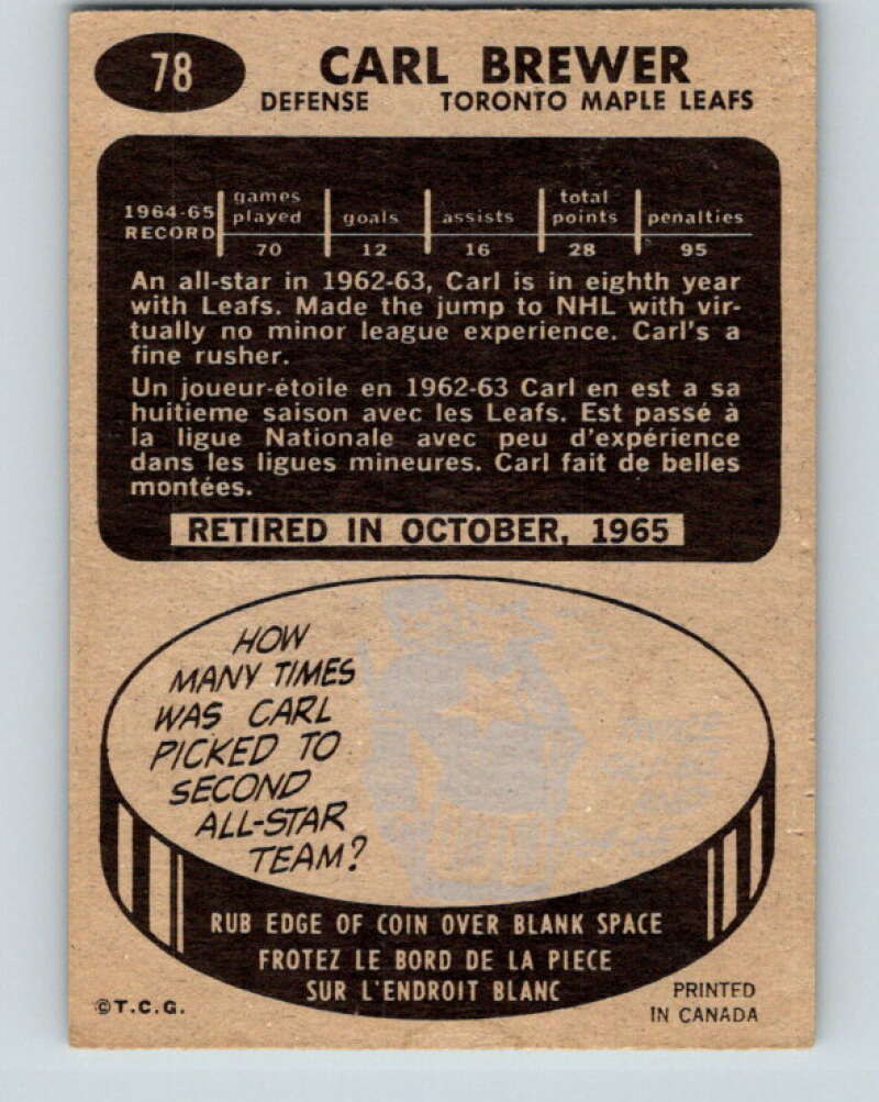 1965-66 Topps #78 Carl Brewer Toronto Maple Leafs V556