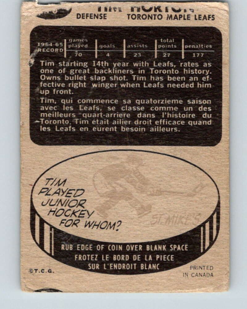 1965-66 Topps #79 Tim Horton Toronto Maple Leafs V557
