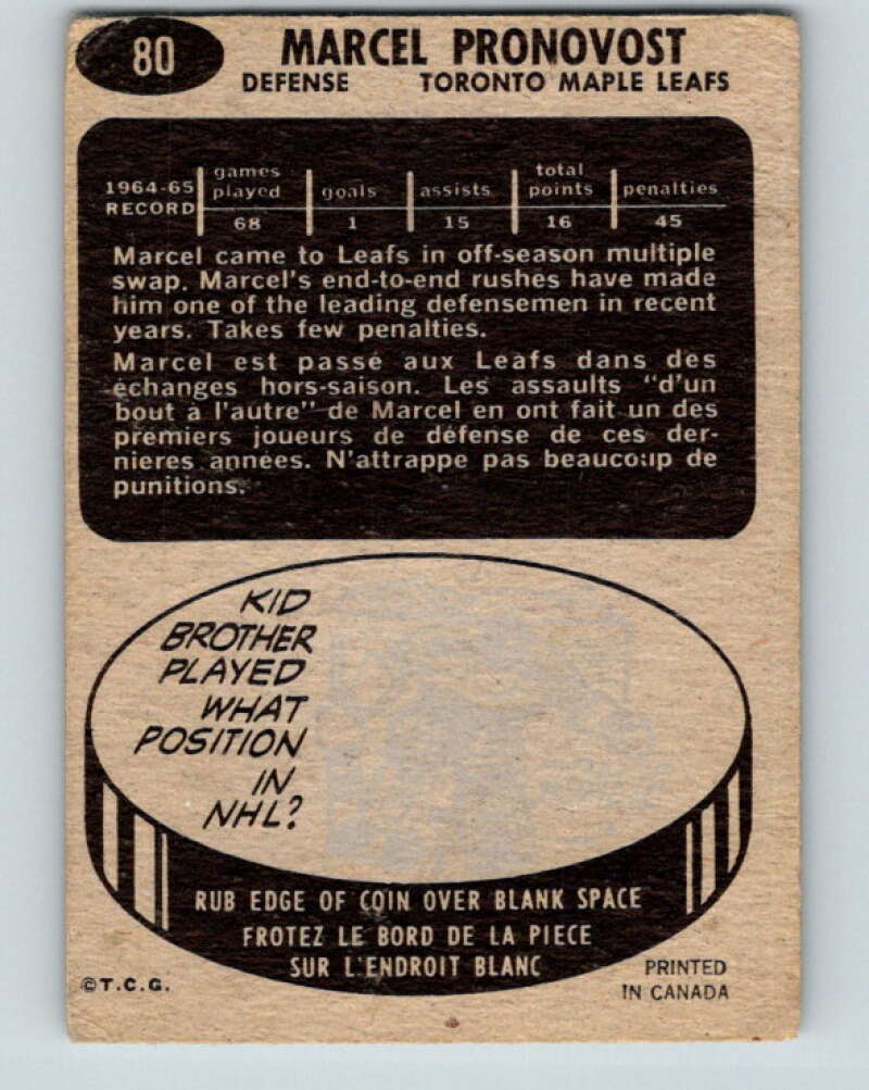 1965-66 Topps #80 Marcel Pronovost Toronto Maple Leafs V558