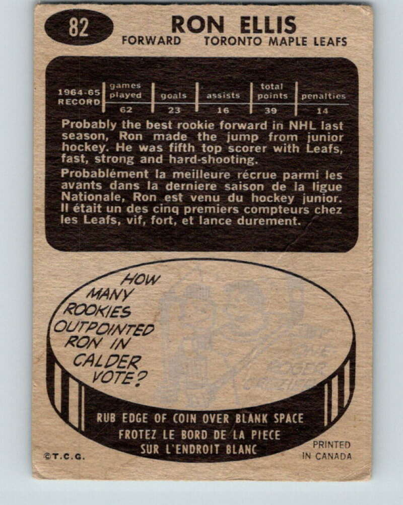 1965-66 Topps #82 Ron Ellis RC Rookie Toronto Maple Leafs V560