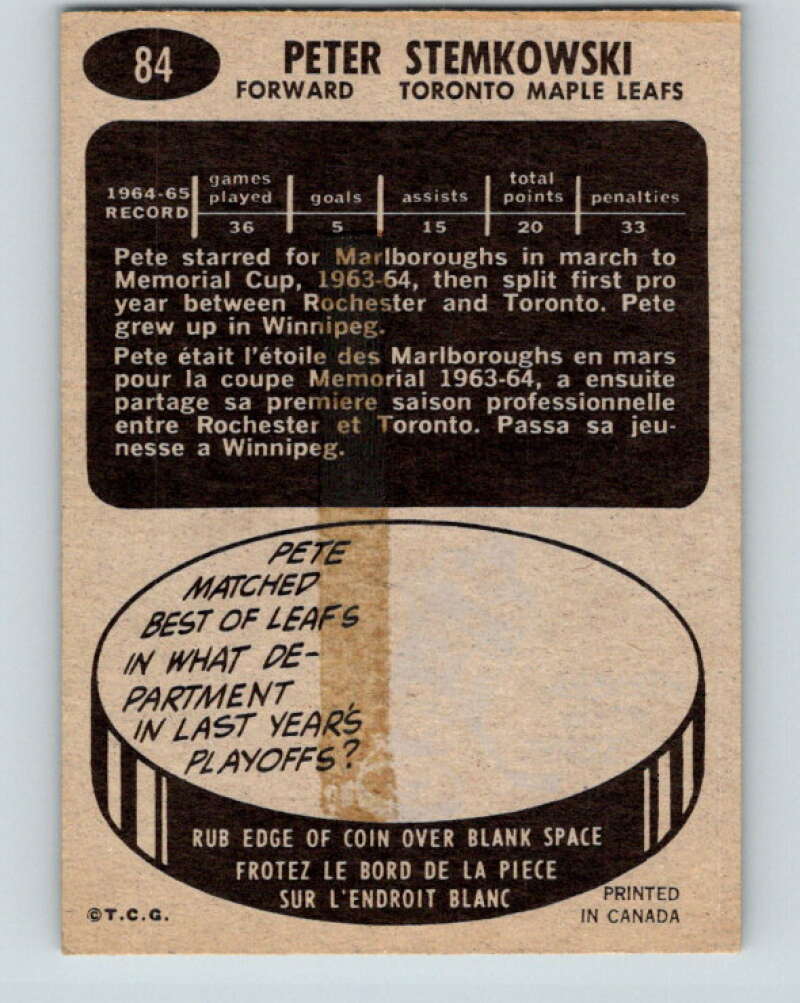 1965-66 Topps #84 Pete Stemkowski RC Rookie Toronto Maple Leafs V562