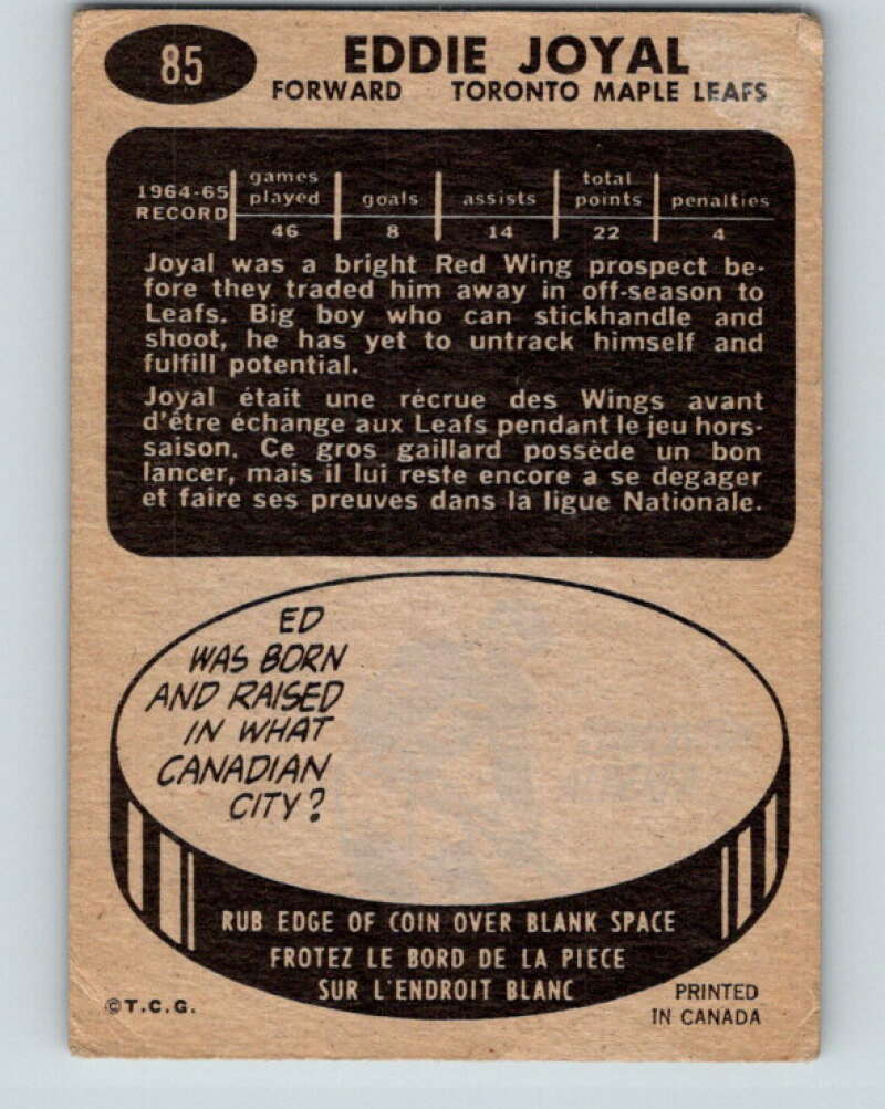 1965-66 Topps #85 Eddie Joyal RC Rookie Toronto Maple Leafs V563