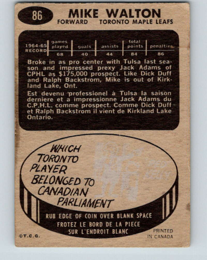 1965-66 Topps #86 Mike Walton RC Rookie Toronto Maple Leafs V564