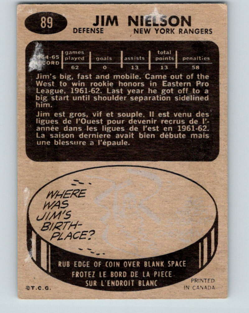 1965-66 Topps #89 Jim Neilson New York Rangers V567