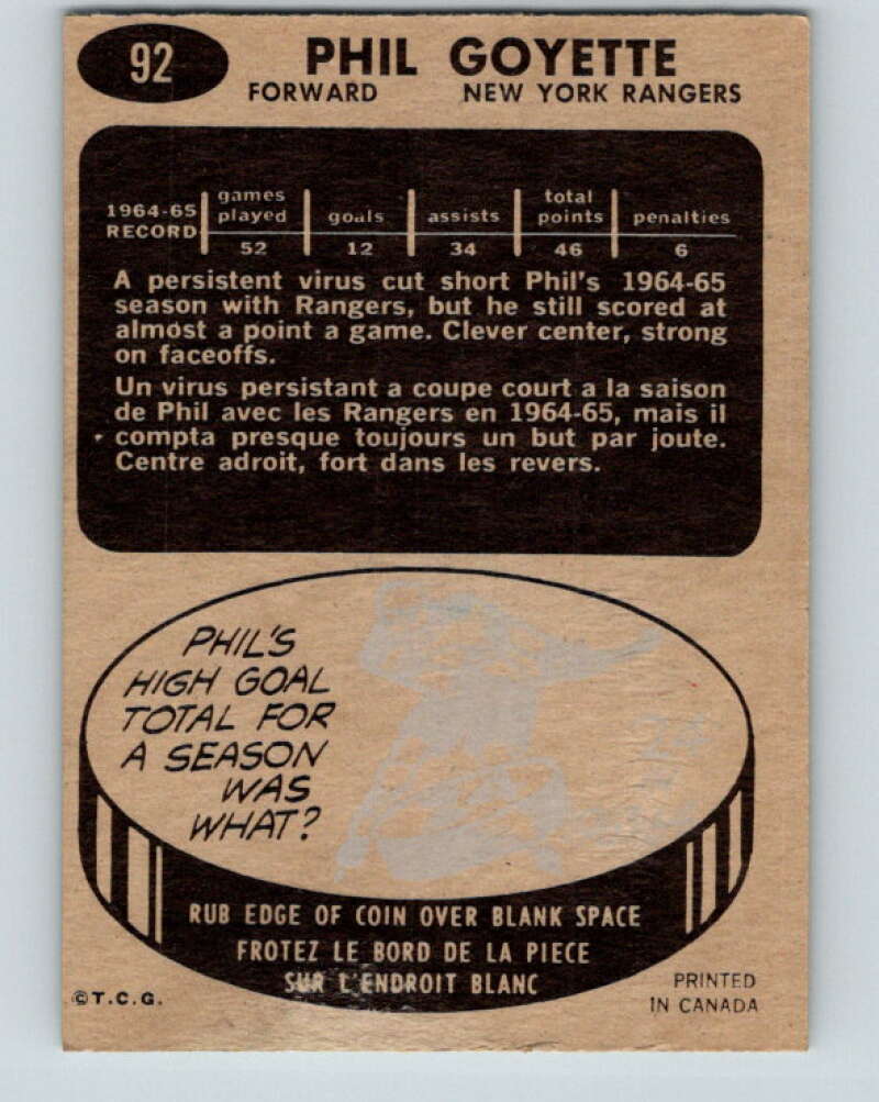 1965-66 Topps #92 Phil Goyette New York Rangers V570