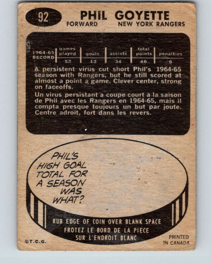 1965-66 Topps #92 Phil Goyette New York Rangers V571