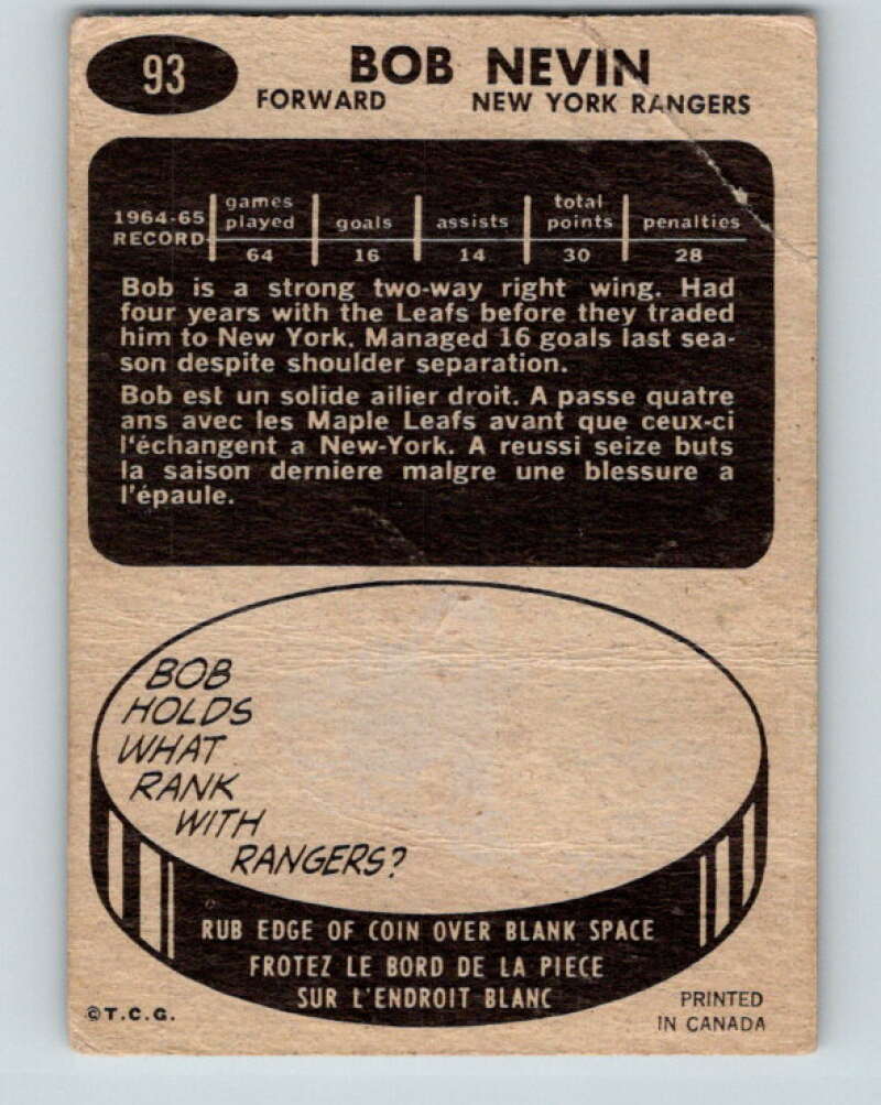 1965-66 Topps #93 Bob Nevin New York Rangers V572