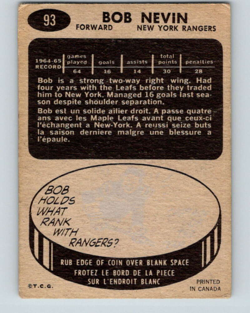 1965-66 Topps #93 Bob Nevin New York Rangers V573