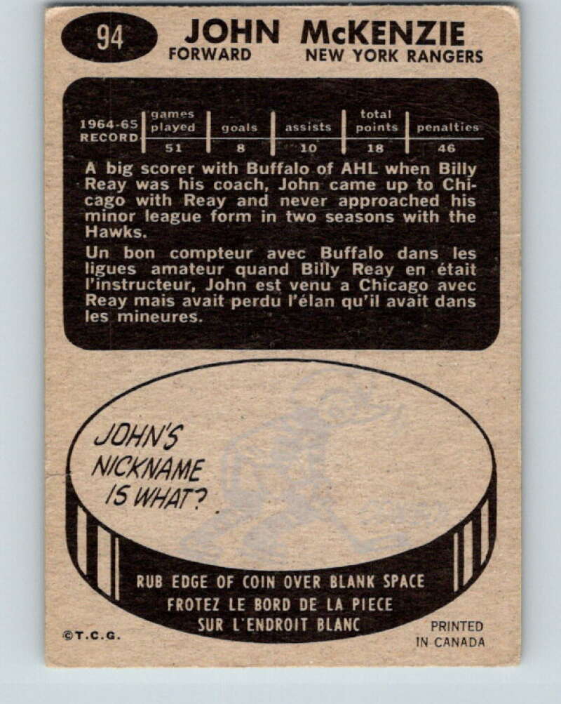 1965-66 Topps #94 John McKenzie New York Rangers V574