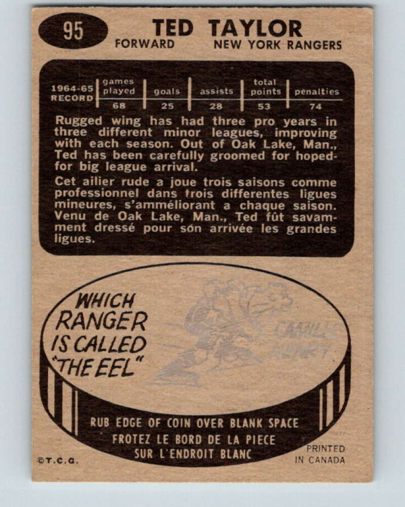 1965-66 Topps #95 Ted Taylor RC Rookie New York Rangers V575