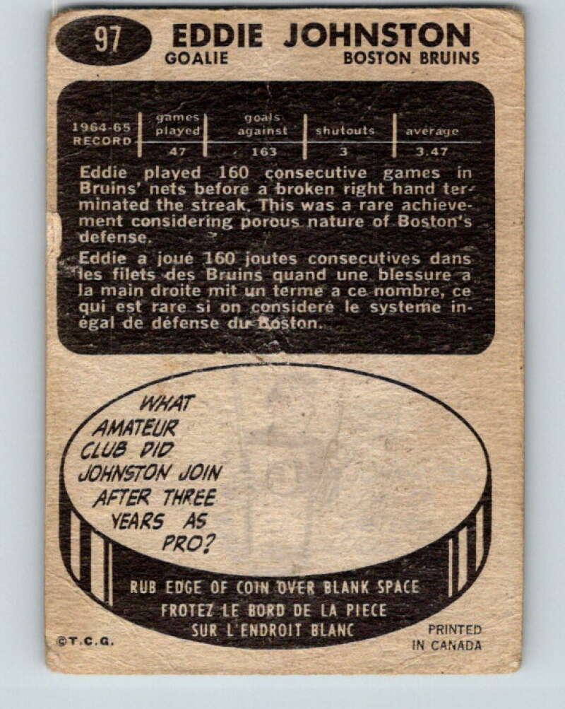 1965-66 Topps #97 Ed Johnston Boston Bruins V577