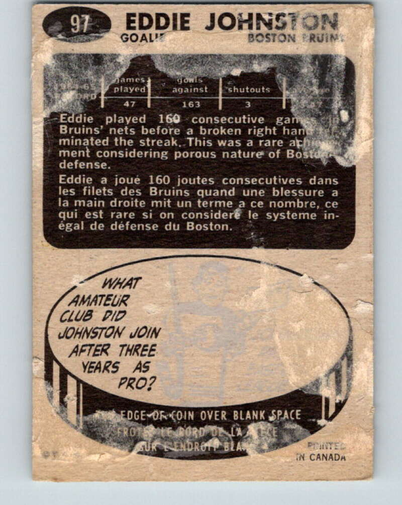 1965-66 Topps #97 Ed Johnston Boston Bruins V578